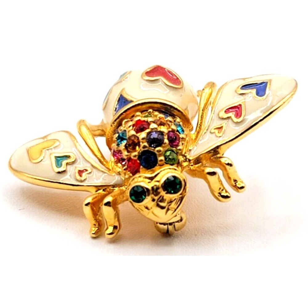 JOAN RIVERS‎ LOTS OF LOVE HEARTS BEE BROOCH PIN WHITE ENAMEL SIGNED RHINESTONE